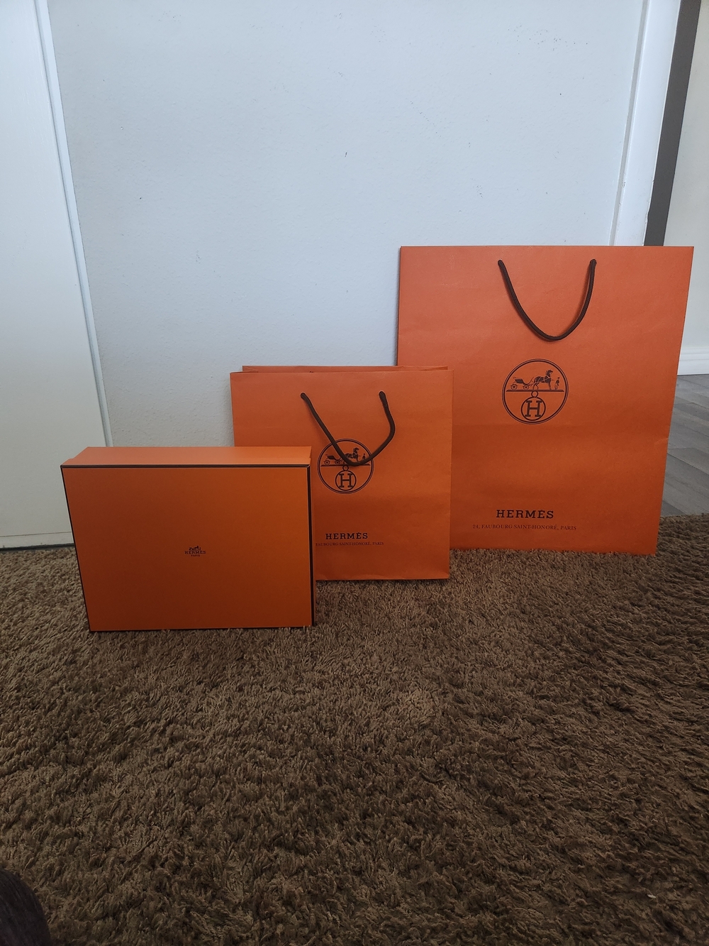 Hermes Orange Boxes and Bags with Brown Handles